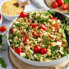 Frischer Nudelsalat mit Tomaten, Rucola und Pinienkernen – perfekt als Beilage zum Grillen.