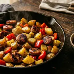 Heißer Bratentopf mit Kartoffeln, Paprika und Wurststücken. Perfekt für Bratwurst Rezepte, dampfend und bereit zum Genießen.