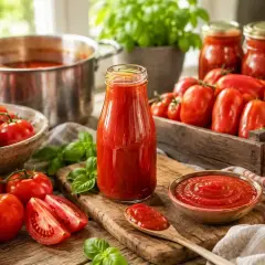 Frische Tomaten, Basilikum und ein Topf voller roter Sauce deuten auf das köstliche Ergebnis hin, wenn man **Ketchup selber machen** möchte.