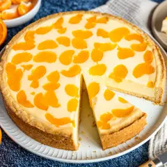 Ein saftiger faule weiber kuchen mit Mandarinenstücken, der auf einem Teller liegt. Daneben liegen frische Mandarinen und eine Tortenschaufel.
