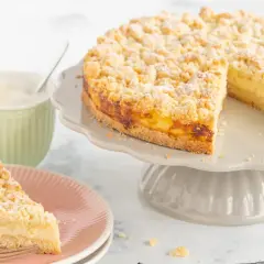 Ein saftiger Streuselkuchen mit Puddingfüllung, bestäubt mit Puderzucker, daneben eine Tasse Cappuccino.