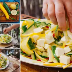 Bunte Zucchini-Streifen mit Feta und Chili. Köstliche gelbe Zucchini Rezepte für einen frischen Salat.
