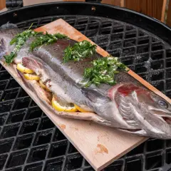Eine ganze Forelle, gefüllt mit Zitronenscheiben und Kräutern, liegt auf einem Holzbrett auf dem Grillrost. Perfekt zum Forelle grillen!