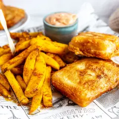 Knuspriges Fish and Chips mit goldenen Pommes und einer cremigen Sauce. Ein Genuss für jeden Gaumen!