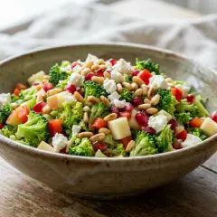 Frischer brokkoli salat mit Granatapfelkernen, Pinienkernen und Feta in einer rustikalen Schüssel.
