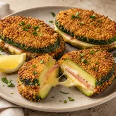 Zucchini Cordon Bleu: knusprig paniert, mit Schinken und geschmolzenem Käse gefüllt. Ein köstlicher Genuss!