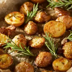Goldbraune rosmarinkartoffeln vom blech, mit Knoblauch und grobem Salz bestreut, duften verführerisch.