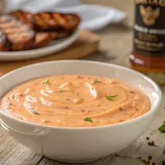 Cremige Metaxa-Sauce mit Kräutern, daneben gegrilltes Fleisch, Knoblauch und Petersilie. Perfekt zum Dippen!