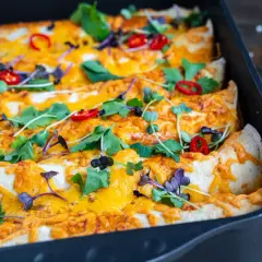 Herzhafte Enchiladas mit geschmolzenem Käse, garniert mit frischen Kräutern und Chilis. Ein köstliches Enchiladas Rezept für jeden Anlass.