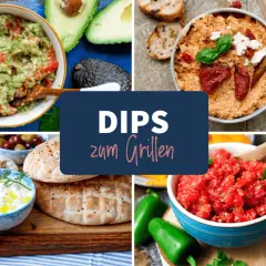 Vier leckere Dips zu Baguette: Guacamole, Tomaten-Dip, Tzatziki und ein cremiger Dip mit getrockneten Tomaten. Perfekt zum Grillen!