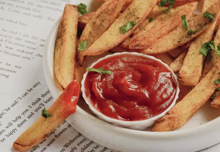 Knusprige Pommes mit einem Schälchen Tomatenketchup, dem besten Ketchup Rezept. Ein Genuss für jeden Feinschmecker!