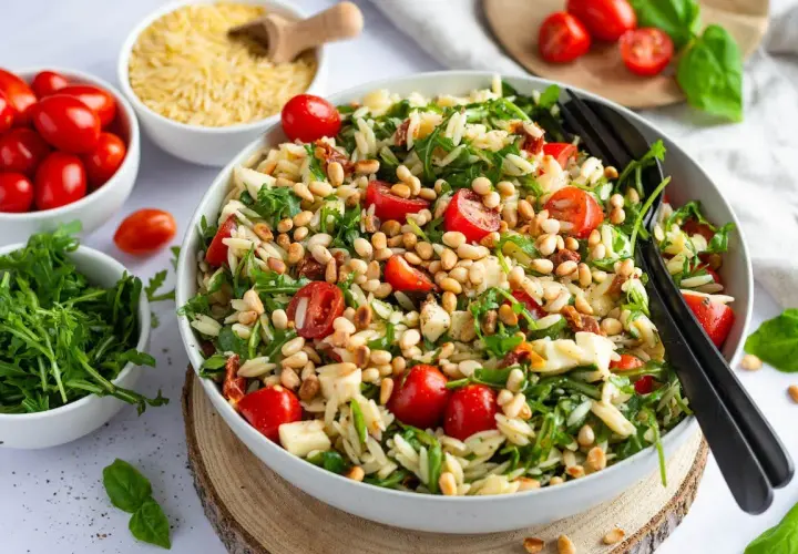 Frischer Nudelsalat mit Tomaten, Rucola und Pinienkernen – perfekt als Beilage zum Grillen.