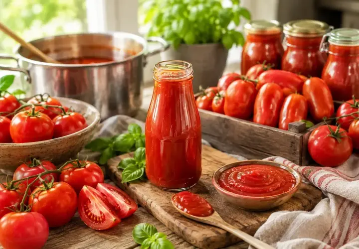 Frische Tomaten, Basilikum und ein Topf voller roter Sauce deuten auf das köstliche Ergebnis hin, wenn man **Ketchup selber machen** möchte.