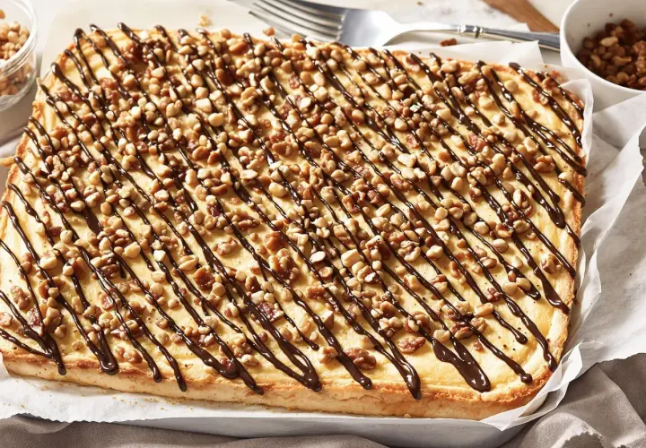 Ein rechteckiger "Friss dich dumm Kuchen" mit cremiger Füllung, garniert mit Nüssen und Schokoladensauce.