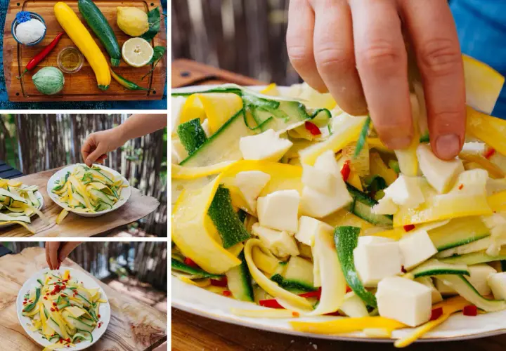 Bunte Zucchini-Streifen mit Feta und Chili. Köstliche gelbe Zucchini Rezepte für einen frischen Salat.