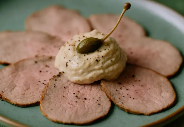 Dünne Scheiben Kalbfleisch, garniert mit einer cremigen Sauce und Kapern. Ein klassisches Vitello Tonnato Rezept.