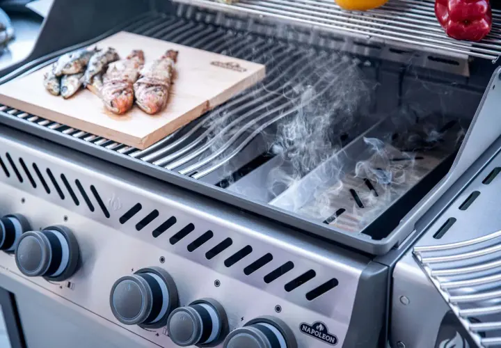 Fisch auf Holzbrett im Gasgrill, Rauch steigt auf. Leckeres Smoken im Gasgrill für ein besonderes Aroma.