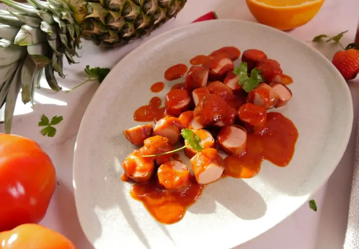 Ein Teller mit geschnittener Currywurst in Sauce, garniert mit Petersilie. Daneben Ananas, Orange, Erdbeeren und Tomaten – Zutaten für ein leckeres Currywurst Rezept.