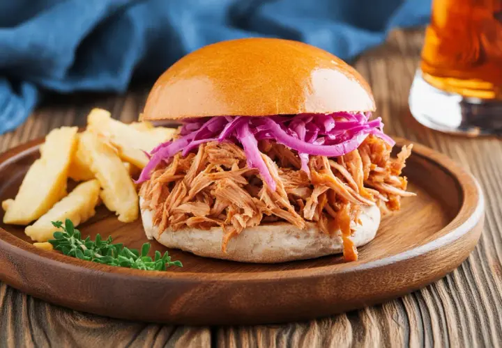 Ein saftiger Pulled Pork Burger mit Rotkohl und Pommes auf einem Holzplateau.