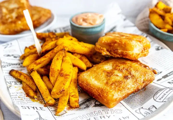 Knuspriges Fish and Chips mit goldenen Pommes und einer cremigen Sauce. Ein Genuss für jeden Gaumen!