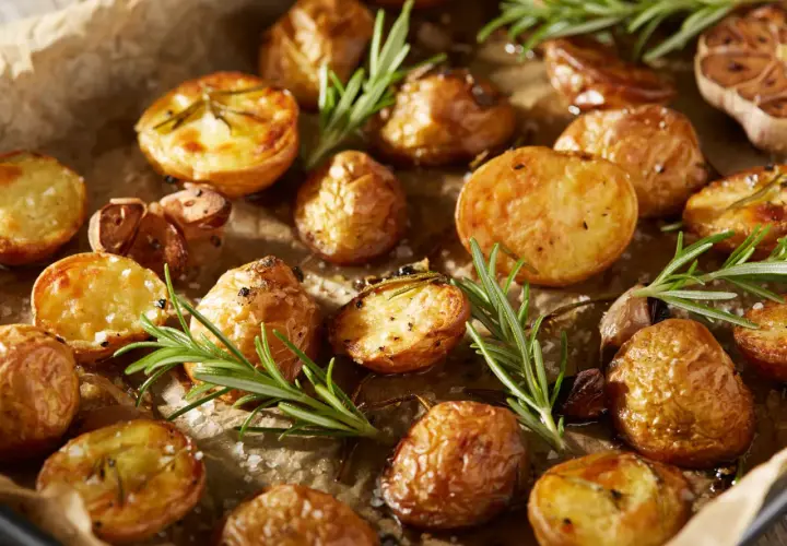 Goldbraune rosmarinkartoffeln vom blech, mit Knoblauch und grobem Salz bestreut, duften verführerisch.
