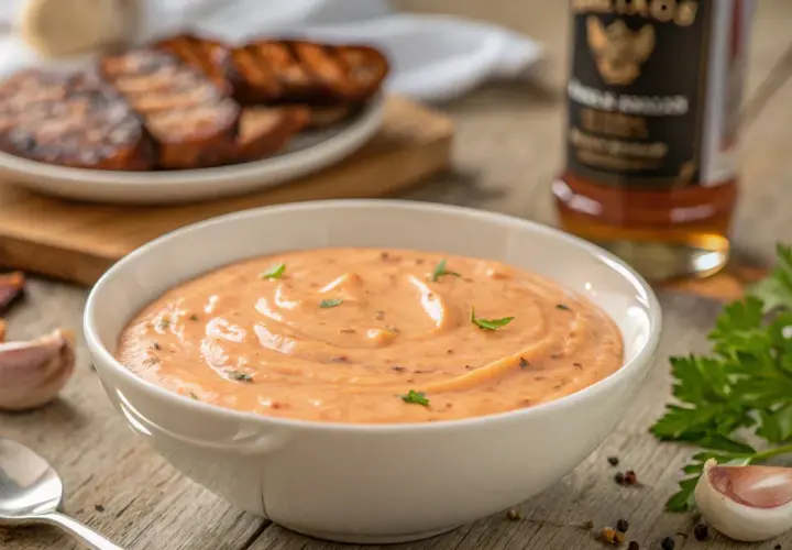 Cremige Metaxa-Sauce mit Kräutern, daneben gegrilltes Fleisch, Knoblauch und Petersilie. Perfekt zum Dippen!