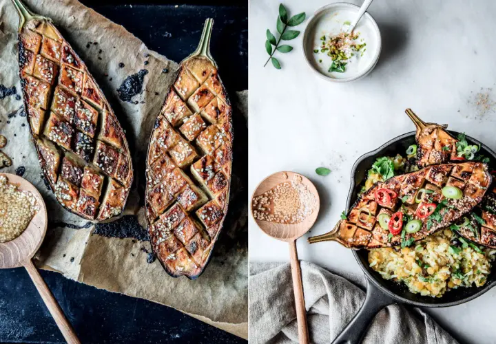 Gegrillte Auberginenhälften mit Sesam, ein köstliches Gericht, das Lust auf mehr macht. Perfekt für Ihre nächsten Rezepte mit Auberginen.