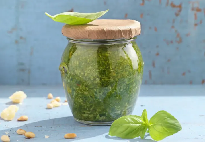 Frisches Pesto im Glas, garniert mit Basilikumblatt. Perfekt für dein nächstes Pesto Rezept. Pinienkerne und Parmesan liegen daneben.