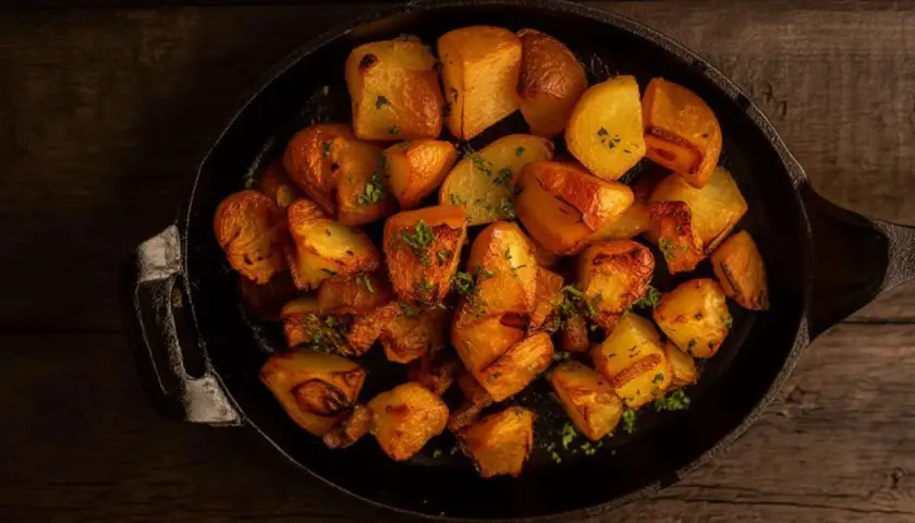 Knusprige Ofenkartoffeln mit Kräutern in einer Gusseisenpfanne. Ein einfaches und leckeres Rezept für Ofenkartoffeln.