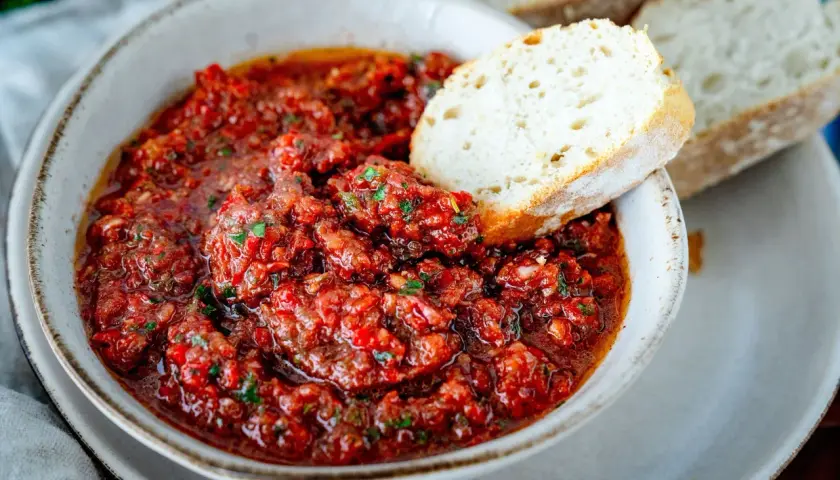 Würziges Acili Ezme, ein scharfer Paprika-Dip, wird mit frischem Brot serviert.