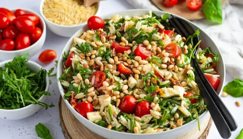 Frischer Nudelsalat mit Tomaten, Rucola und Pinienkernen – perfekt als Beilage zum Grillen.