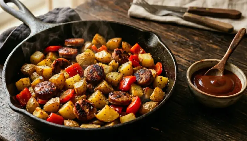 Heißer Bratentopf mit Kartoffeln, Paprika und Wurststücken. Perfekt für Bratwurst Rezepte, dampfend und bereit zum Genießen.
