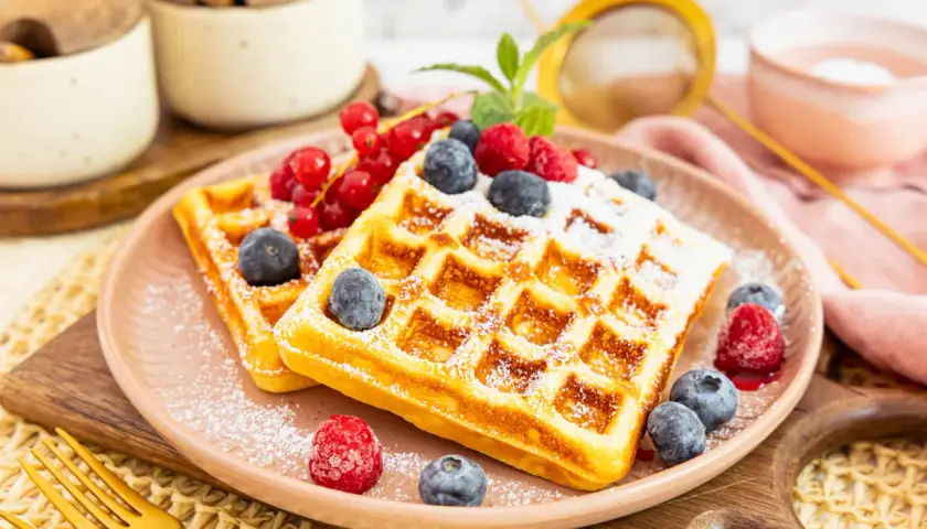 Zwei goldbraune Proteinwaffeln, bestäubt mit Puderzucker und garniert mit frischen Beeren und Johannisbeeren.