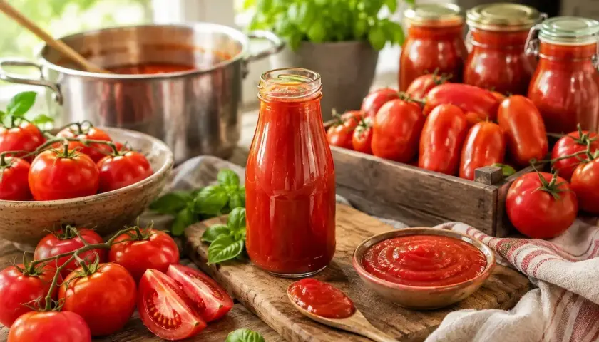 Frische Tomaten, Basilikum und ein Topf voller roter Sauce deuten auf das köstliche Ergebnis hin, wenn man **Ketchup selber machen** möchte.