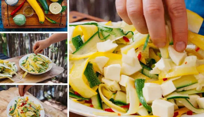 Bunte Zucchini-Streifen mit Feta und Chili. Köstliche gelbe Zucchini Rezepte für einen frischen Salat.