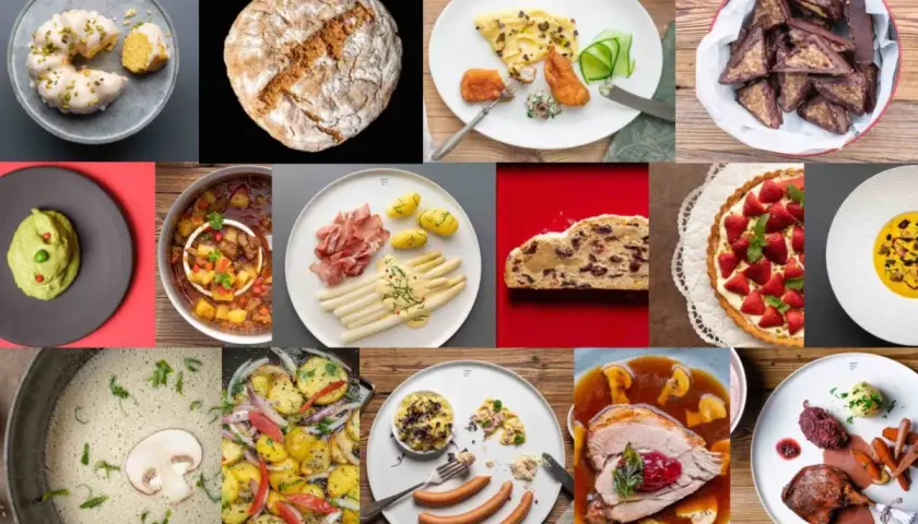 Vielfalt deutscher Gerichte: Von süßen Teilchen über deftige Eintöpfe bis zu Spargel und Braten.