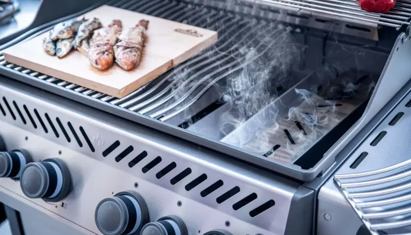 Fisch auf Holzbrett im Gasgrill, Rauch steigt auf. Leckeres Smoken im Gasgrill für ein besonderes Aroma.