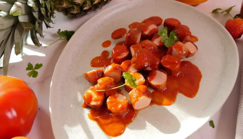 Ein Teller mit geschnittener Currywurst in Sauce, garniert mit Petersilie. Daneben Ananas, Orange, Erdbeeren und Tomaten – Zutaten für ein leckeres Currywurst Rezept.