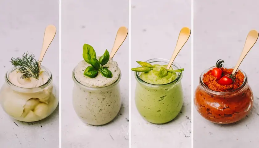 Vier Gläser mit selbstgemachtem Brotaufstrich: cremig-hell mit Dill, grün mit Basilikum, Avocado-grün und rot mit Tomaten.