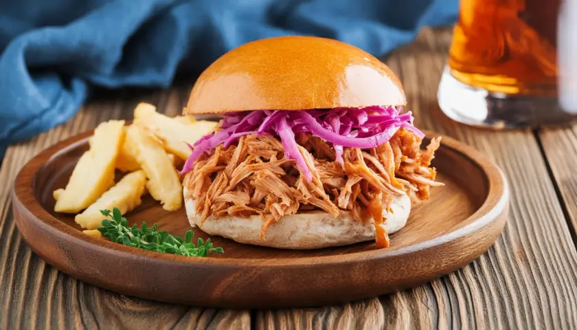 Ein saftiger Pulled Pork Burger mit Rotkohl und Pommes auf einem Holzplateau.