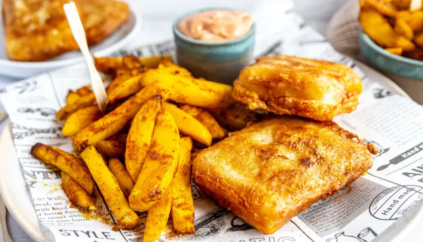 Knuspriges Fish and Chips mit goldenen Pommes und einer cremigen Sauce. Ein Genuss für jeden Gaumen!