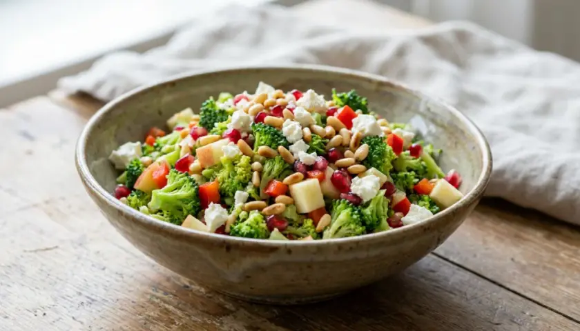 Frischer brokkoli salat mit Granatapfelkernen, Pinienkernen und Feta in einer rustikalen Schüssel.