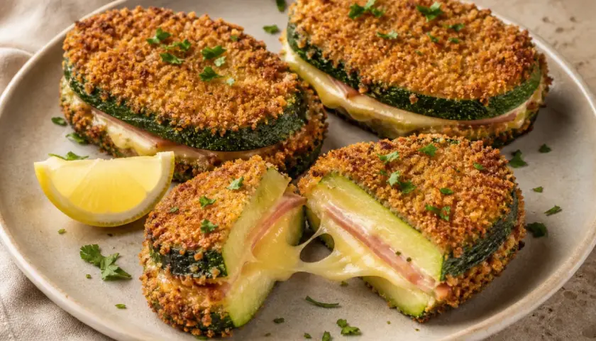 Zucchini Cordon Bleu: knusprig paniert, mit Schinken und geschmolzenem Käse gefüllt. Ein köstlicher Genuss!