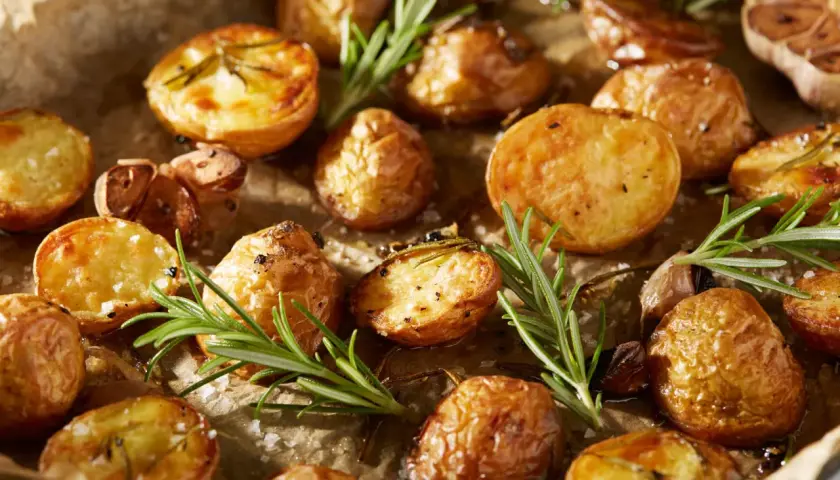 Goldbraune rosmarinkartoffeln vom blech, mit Knoblauch und grobem Salz bestreut, duften verführerisch.