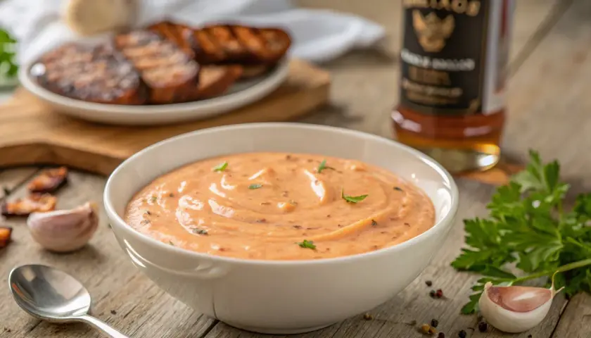 Cremige Metaxa-Sauce mit Kräutern, daneben gegrilltes Fleisch, Knoblauch und Petersilie. Perfekt zum Dippen!