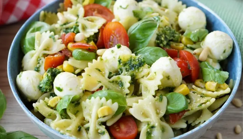Ein bunter Nudelsalat mit Farfalle, Kirschtomaten, Mozzarella-Kugeln, Mais und frischem Basilikum, alles verfeinert mit einem köstlichen Pesto.