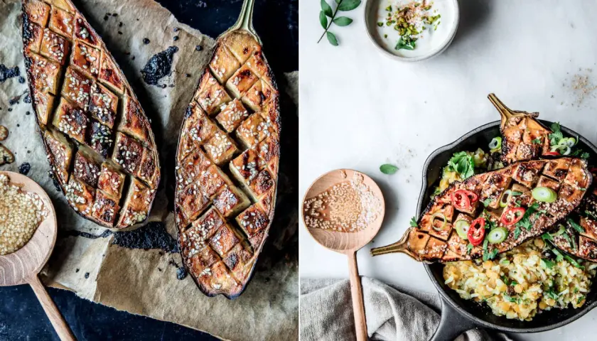Gegrillte Auberginenhälften mit Sesam, ein köstliches Gericht, das Lust auf mehr macht. Perfekt für Ihre nächsten Rezepte mit Auberginen.