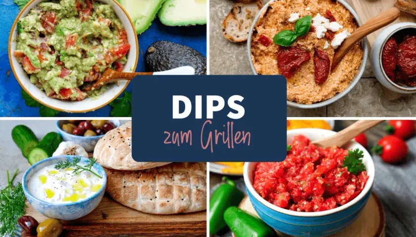 Vier leckere Dips zu Baguette: Guacamole, Tomaten-Dip, Tzatziki und ein cremiger Dip mit getrockneten Tomaten. Perfekt zum Grillen!