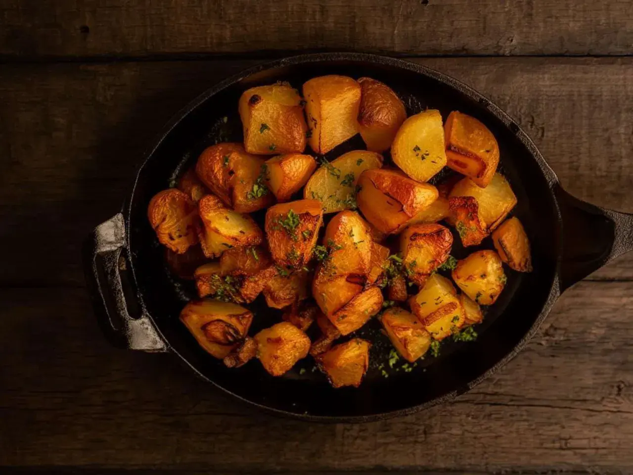 Knusprige Ofenkartoffeln mit Kräutern in einer Gusseisenpfanne. Ein einfaches und leckeres Rezept für Ofenkartoffeln.