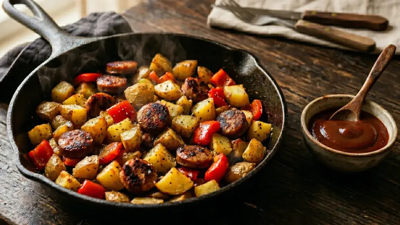 Heißer Bratentopf mit Kartoffeln, Paprika und Wurststücken. Perfekt für Bratwurst Rezepte, dampfend und bereit zum Genießen.